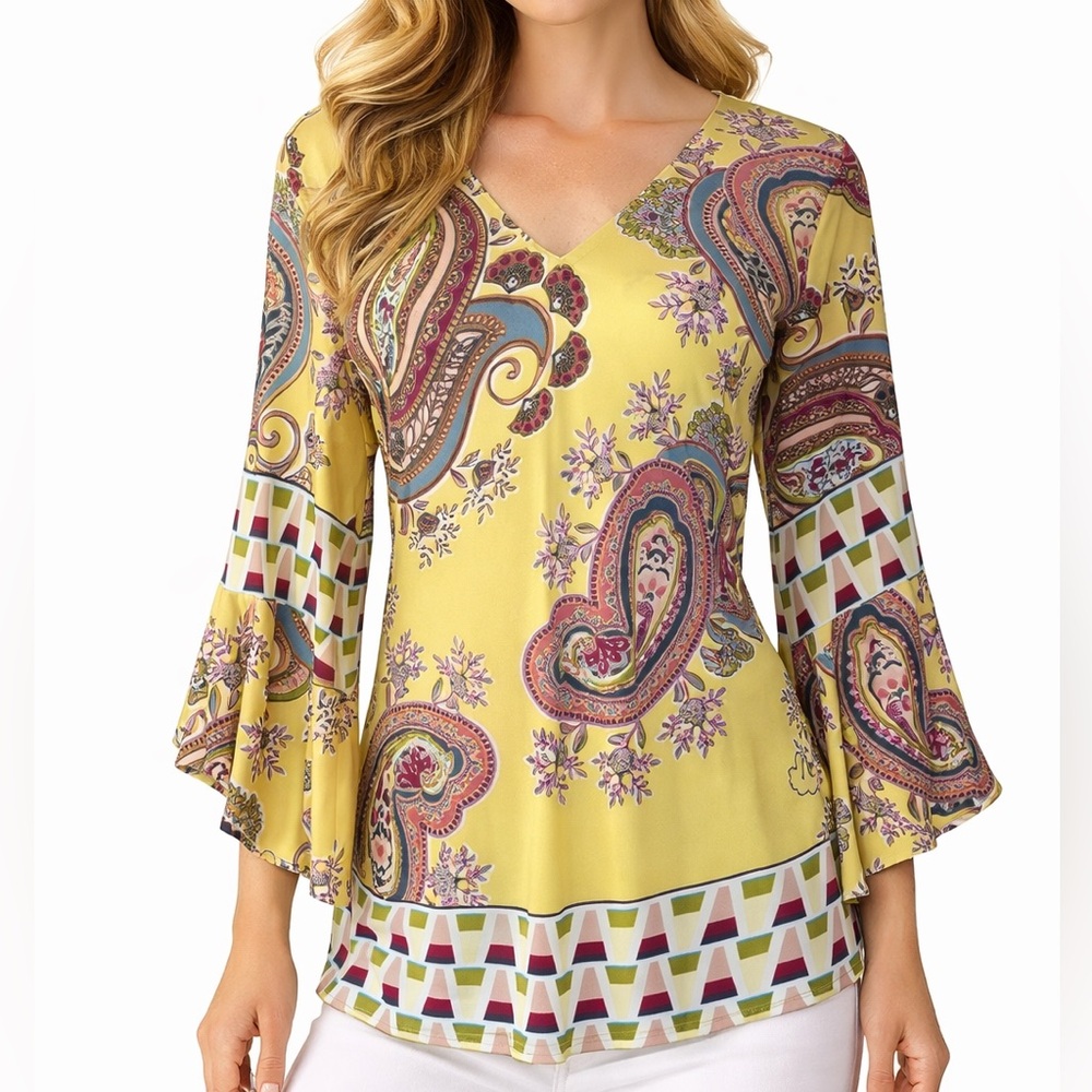 Melissa Paige Yellow Paisley Bell Sleeve Stretch Tunic & Necklace Ladies XL